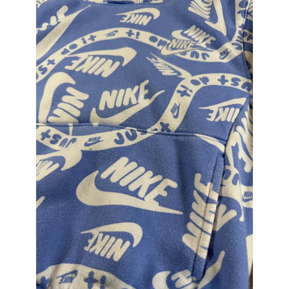 Kids Nike All Over Logo Print Hoodie Pullover‎ Blue White Size S 4-5 Years